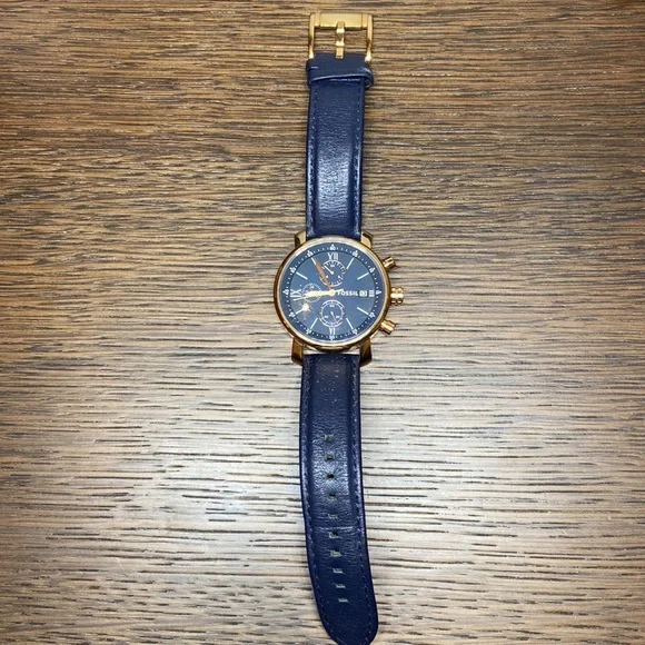 Gold Fossil men’s watch with blue strap - Picture 2 of 4